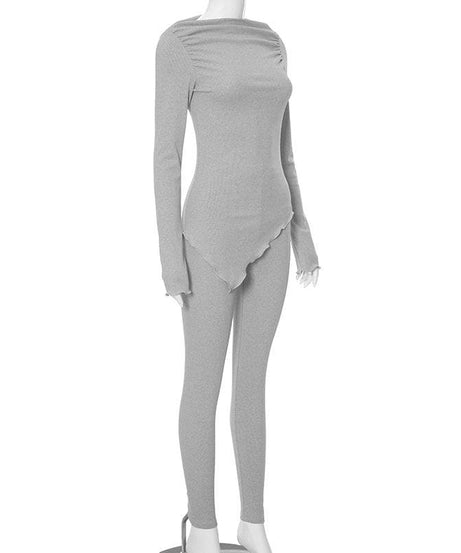 Cozy Chic Asymmetrical Ribbed Knit Loungewear Set - Women's Fall Essential