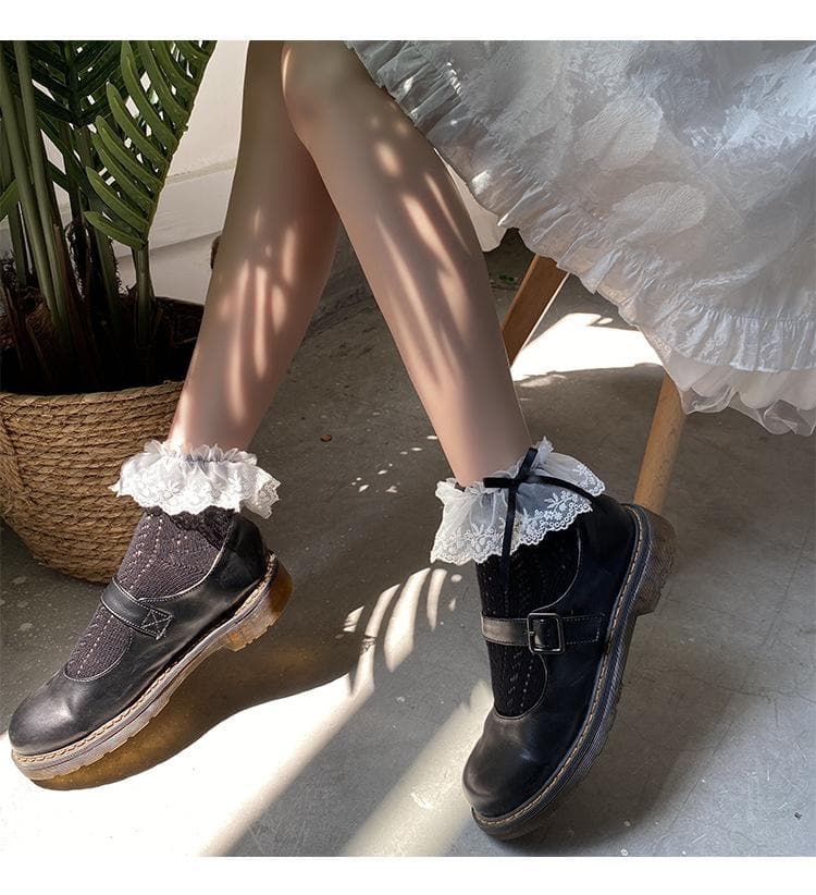 Enchanting Black Lace Ruffle Ankle Socks with Satin Bows - Vintage Charm for Fall & Halloween