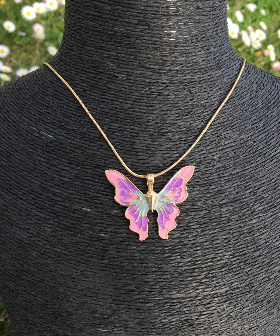 Enchanted Butterfly Charm Necklace - Vibrant Pink & Purple Enamel with Gold Tone Chain - Perfect Fall Accent & Gift for Her