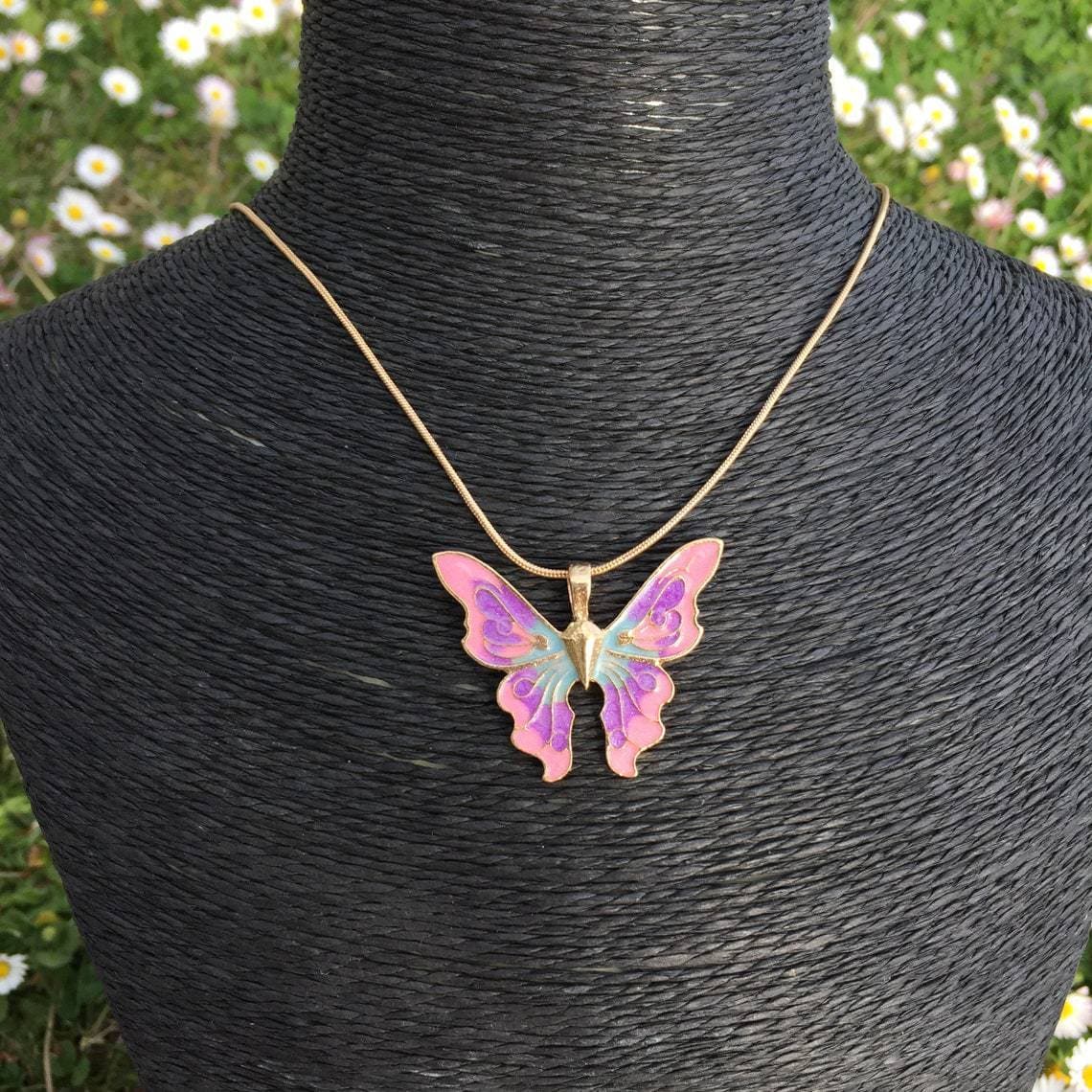Enchanted Butterfly Charm Necklace - Vibrant Pink & Purple Enamel with Gold Tone Chain - Perfect Fall Accent & Gift for Her