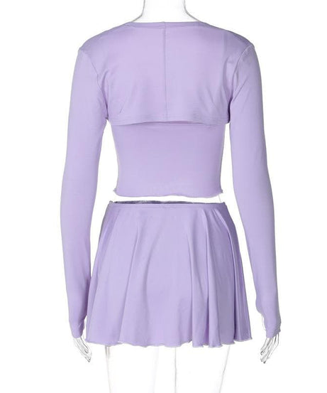 Lavender Dreamland: Chic 3-Piece Scalloped Crop Top, Flowy Mini Skirt & Long Sleeve Bolero Set – Your Fall Style Essential