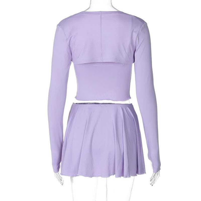 Lavender Dreamland: Chic 3-Piece Scalloped Crop Top, Flowy Mini Skirt & Long Sleeve Bolero Set – Your Fall Style Essential