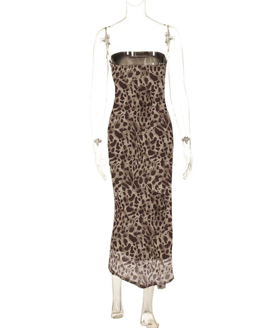 Sultry Leopard Print Mesh Tube Midi Dress with High Slit - Fall & Holiday Party Ready