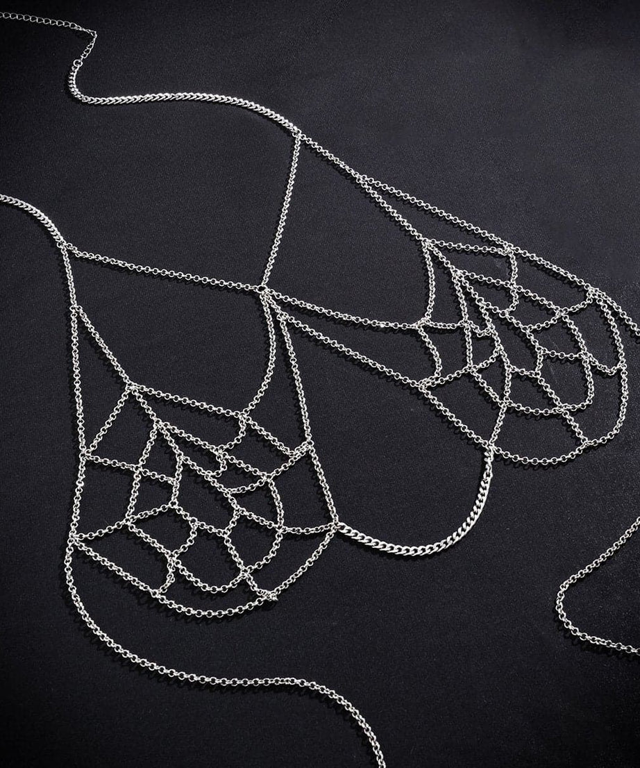 Bewitching Silver Spider Web Body Chain & Choker Set | Halloween & Goth Fashion Essential