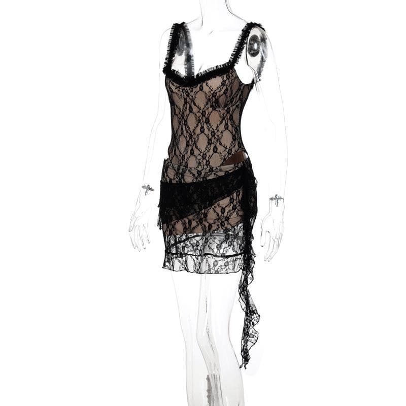 Sultry Black Lace Cut-Out Mini Dress - Daring Fall Nights & Halloween Party Ready