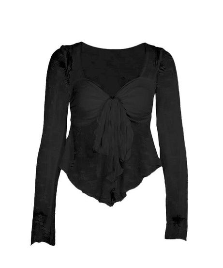 Autumn Whispers Sheer Floral Tie-Front Blouse - Romantic Y2K Long Sleeve Top for Women