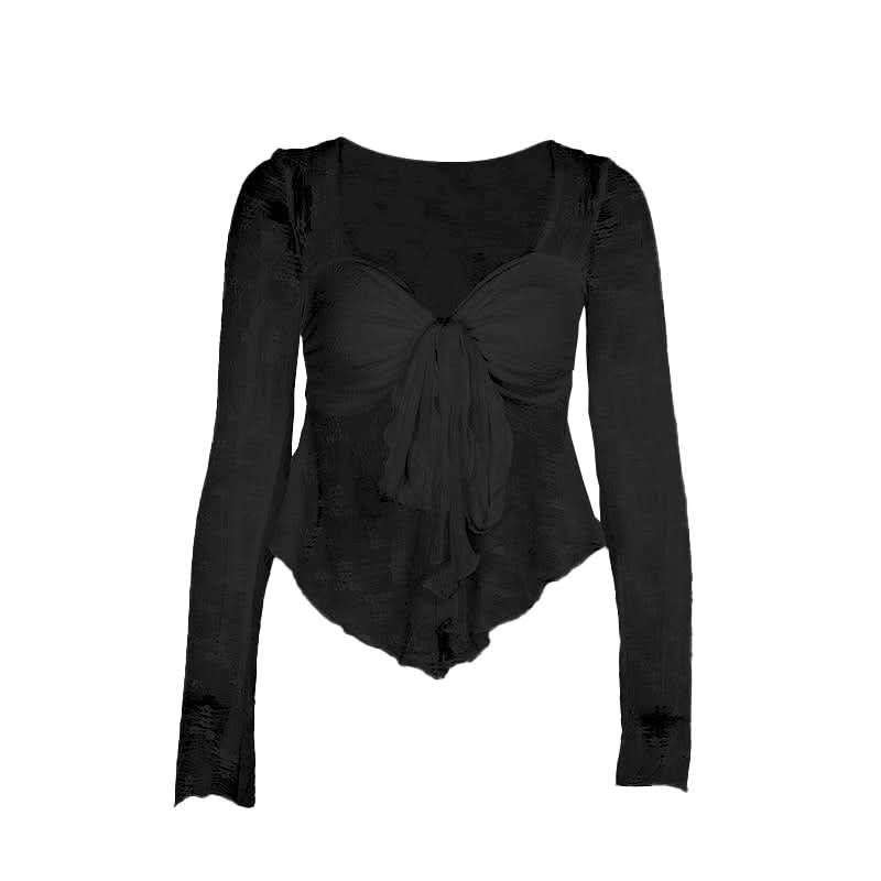 Autumn Whispers Sheer Floral Tie-Front Blouse - Romantic Y2K Long Sleeve Top for Women