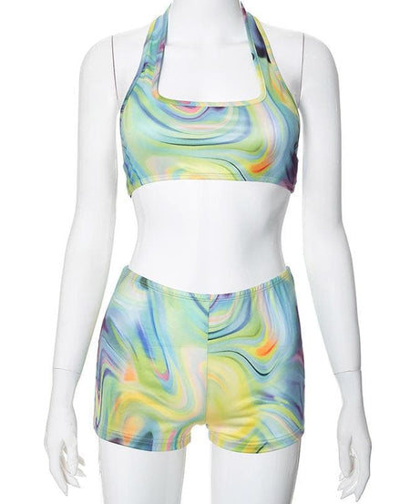 Vibrant Swirl Halter Crop Top & Shorts Set | Trendy Fall Athleisure for Women