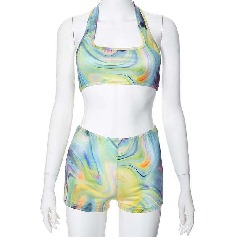 Vibrant Swirl Halter Crop Top & Shorts Set | Trendy Fall Athleisure for Women