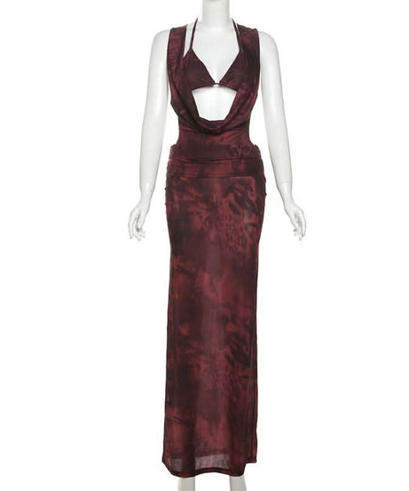 Sultry Fall Nights Halter Maxi Dress | Deep Burgundy Cowl Neck Statement Gown