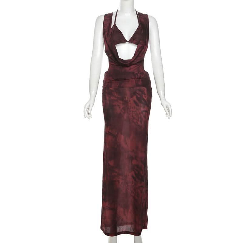 Sultry Fall Nights Halter Maxi Dress | Deep Burgundy Cowl Neck Statement Gown