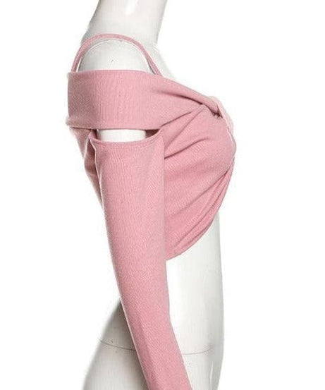 Blush Pink Cold Shoulder Knotted Crop Top - Trendy Long Sleeve & Strappy Fall Fashion for Women