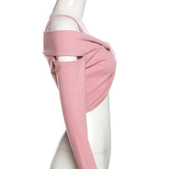 Blush Pink Cold Shoulder Knotted Crop Top - Trendy Long Sleeve & Strappy Fall Fashion for Women