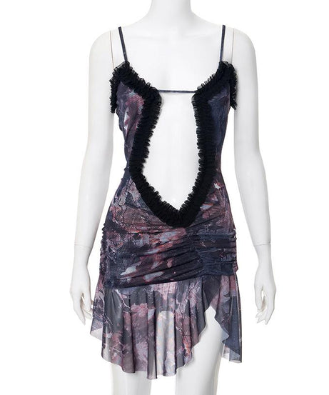 Bewitching Bloom Ruffle Cut-Out Mini Dress | Edgy Fall & Halloween Party Mesh Cami