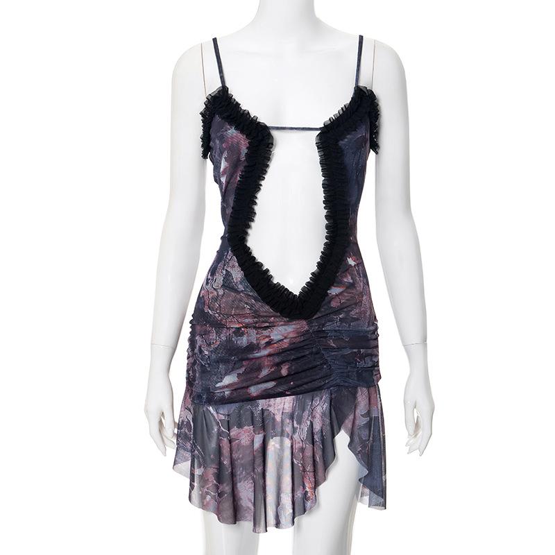 Bewitching Bloom Ruffle Cut-Out Mini Dress | Edgy Fall & Halloween Party Mesh Cami
