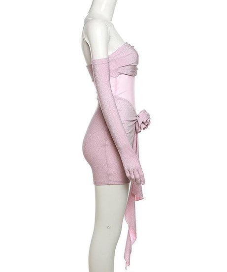 Glamour & Glow: Shimmering Rose Appliqué Mini Dress with Opera Gloves - Your Holiday Party & NYE Statement!