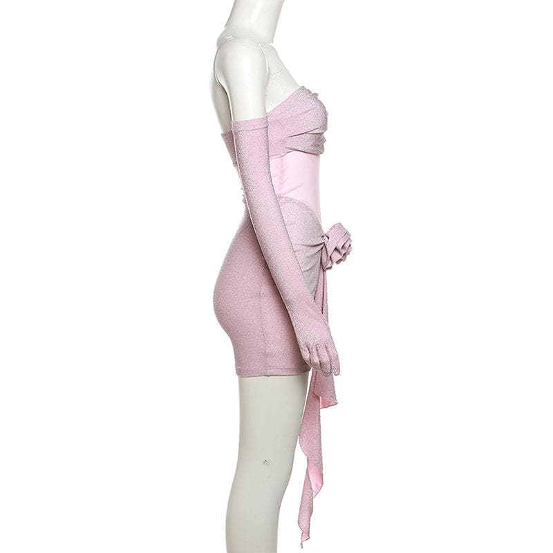 Glamour & Glow: Shimmering Rose Appliqué Mini Dress with Opera Gloves - Your Holiday Party & NYE Statement!