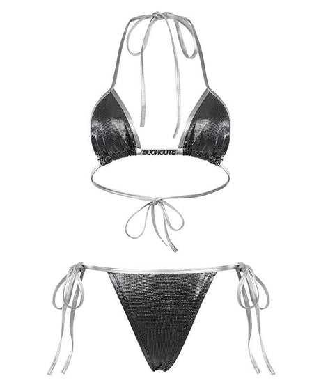 Dazzling Metallic Halter Bikini Set | Sparkle Tie-Side Swimwear for Resort & Parties