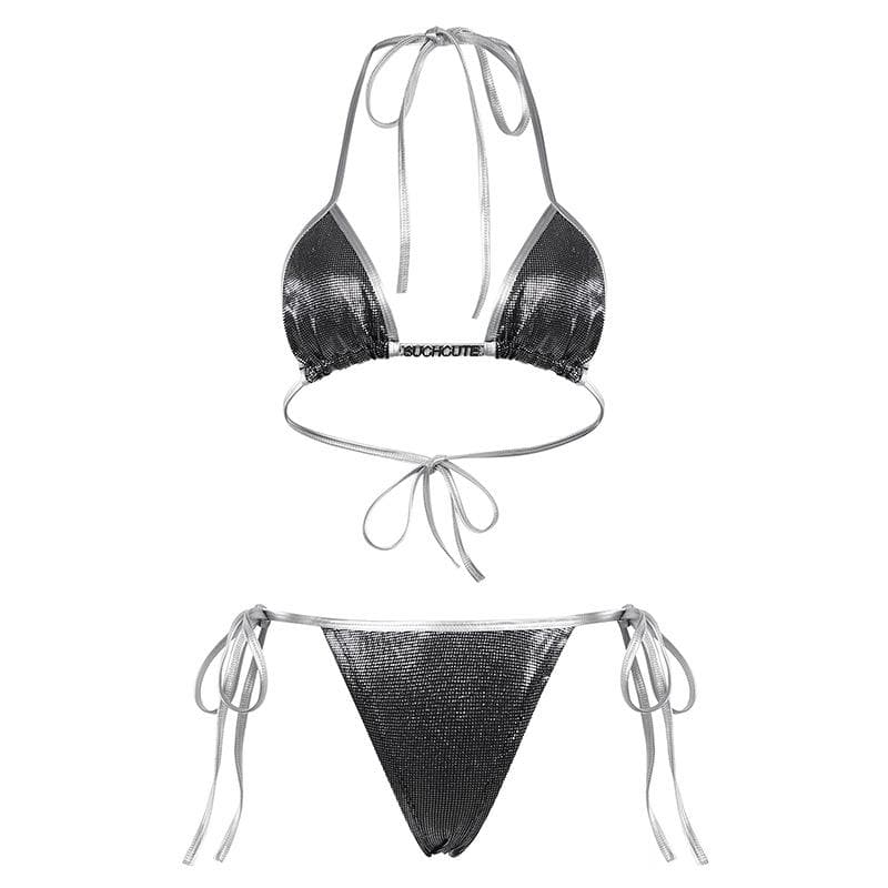 Dazzling Metallic Halter Bikini Set | Sparkle Tie-Side Swimwear for Resort & Parties
