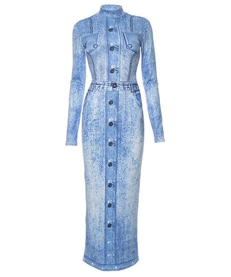 Effortless Fall Chic: Acid Wash Denim Illusion Long Sleeve Maxi Dress
