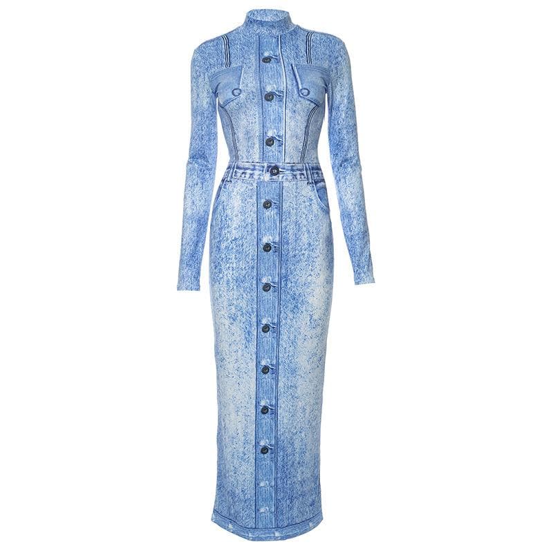 Effortless Fall Chic: Acid Wash Denim Illusion Long Sleeve Maxi Dress