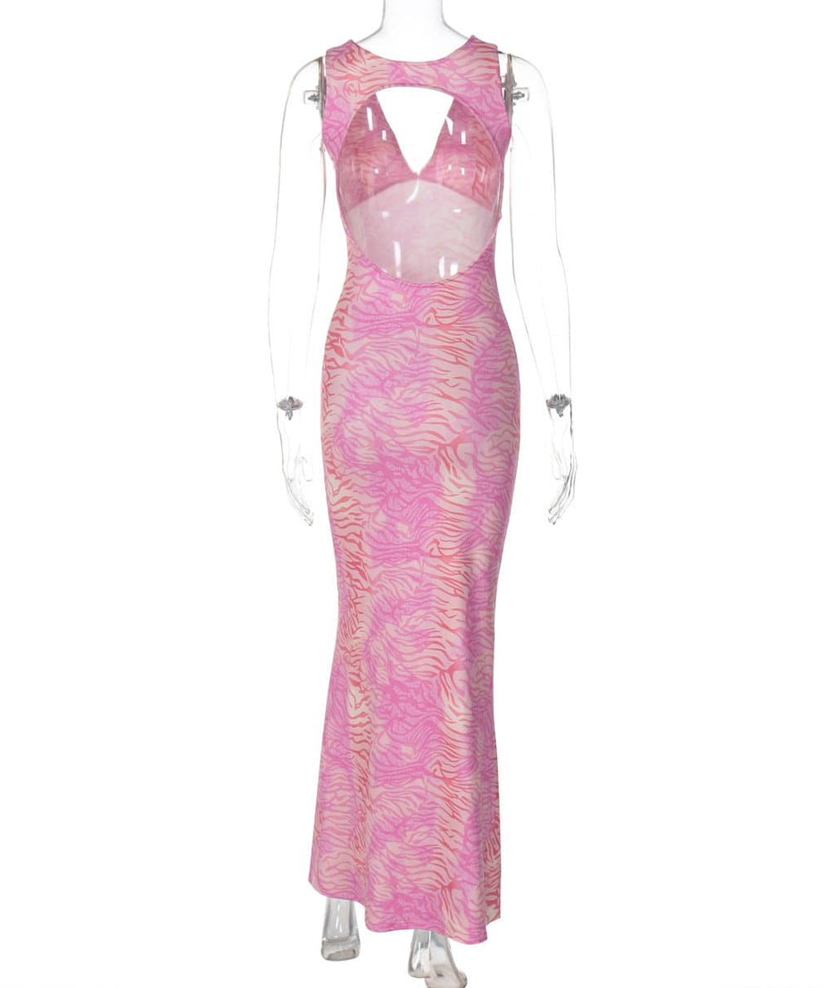 Chic Pink Zebra Maxi Dress - V-Neck Open Back for Fall & Holiday Parties