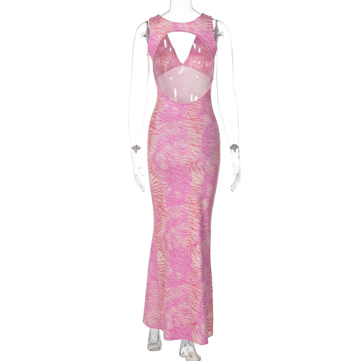 Chic Pink Zebra Maxi Dress - V-Neck Open Back for Fall & Holiday Parties