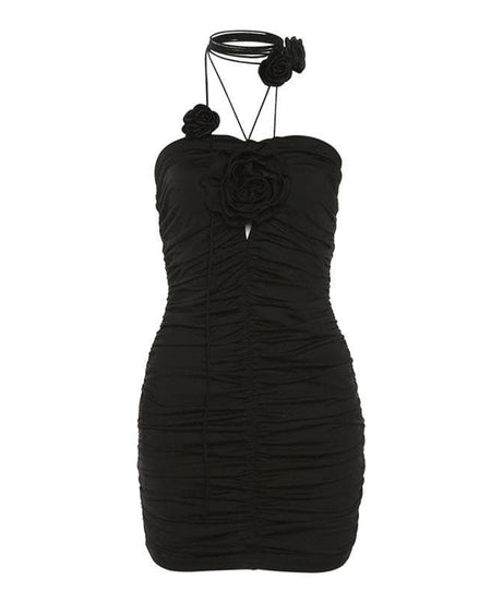 Dark Romance Black Rose Halter Ruched Bodycon Mini Dress - Fall & Holiday Party Ready