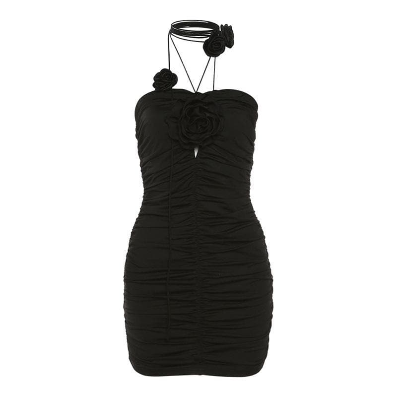 Dark Romance Black Rose Halter Ruched Bodycon Mini Dress - Fall & Holiday Party Ready