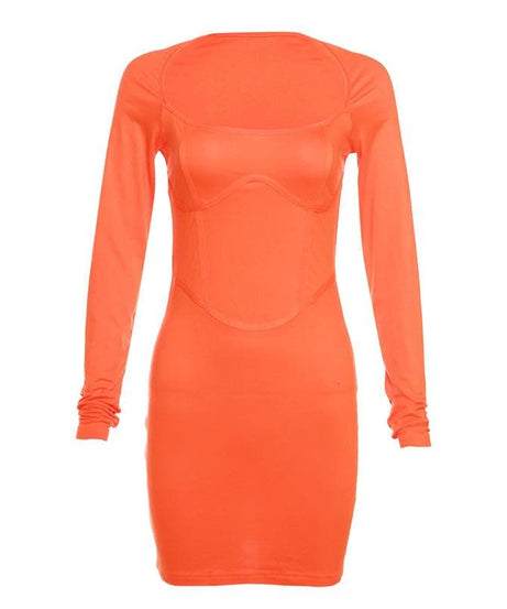 Fiery Orange Corset Detail Bodycon Mini Dress | Square Neck Long Sleeve Fall Party Essential