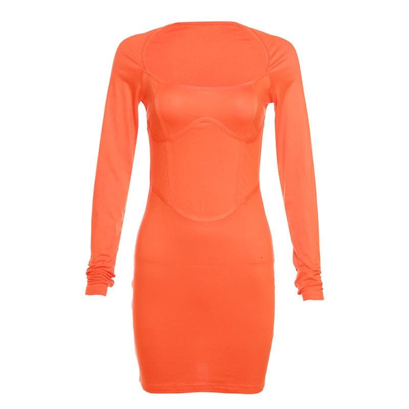 Fiery Orange Corset Detail Bodycon Mini Dress | Square Neck Long Sleeve Fall Party Essential