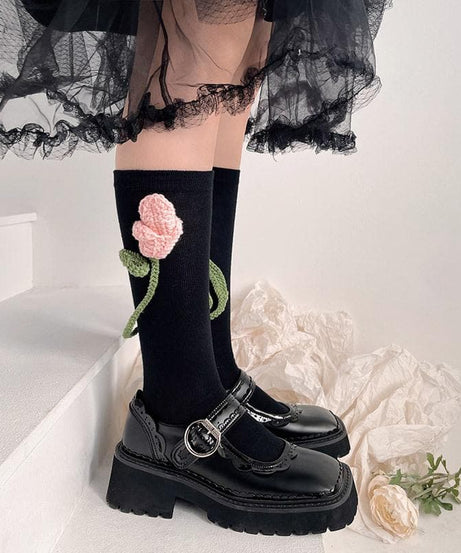 Charming Crochet Rose Black Knee-High Socks - Whimsical Fall & Holiday Style