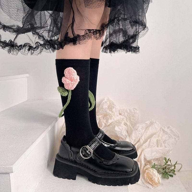 Charming Crochet Rose Black Knee-High Socks - Whimsical Fall & Holiday Style