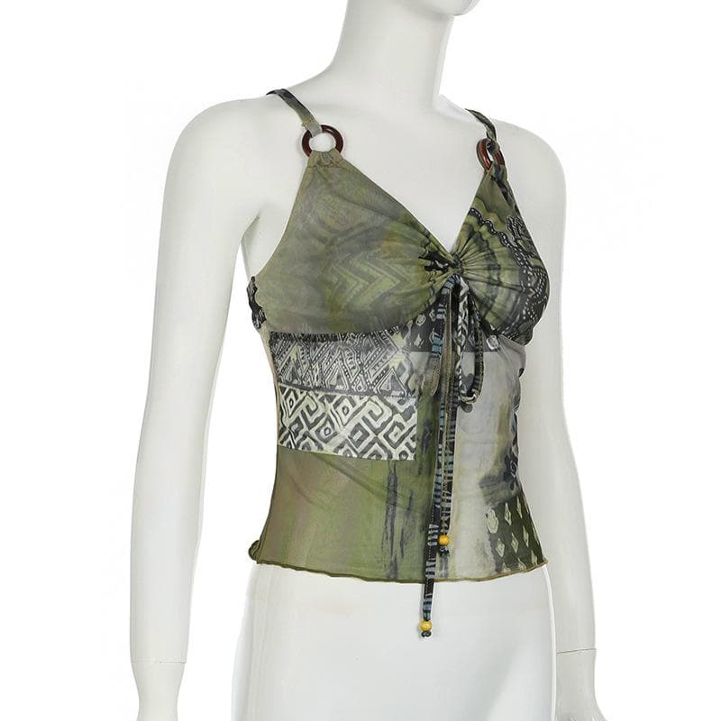 Y2K Boho Chic Patchwork Mesh Cami Top - O-Ring Ruched Detail for Fall