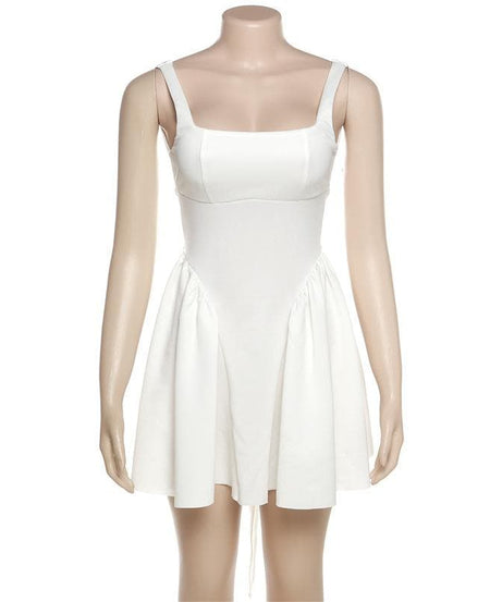 Chic White Square Neck Mini Dress - Ruched Side Tie & Backless Detail - Fall Party Ready