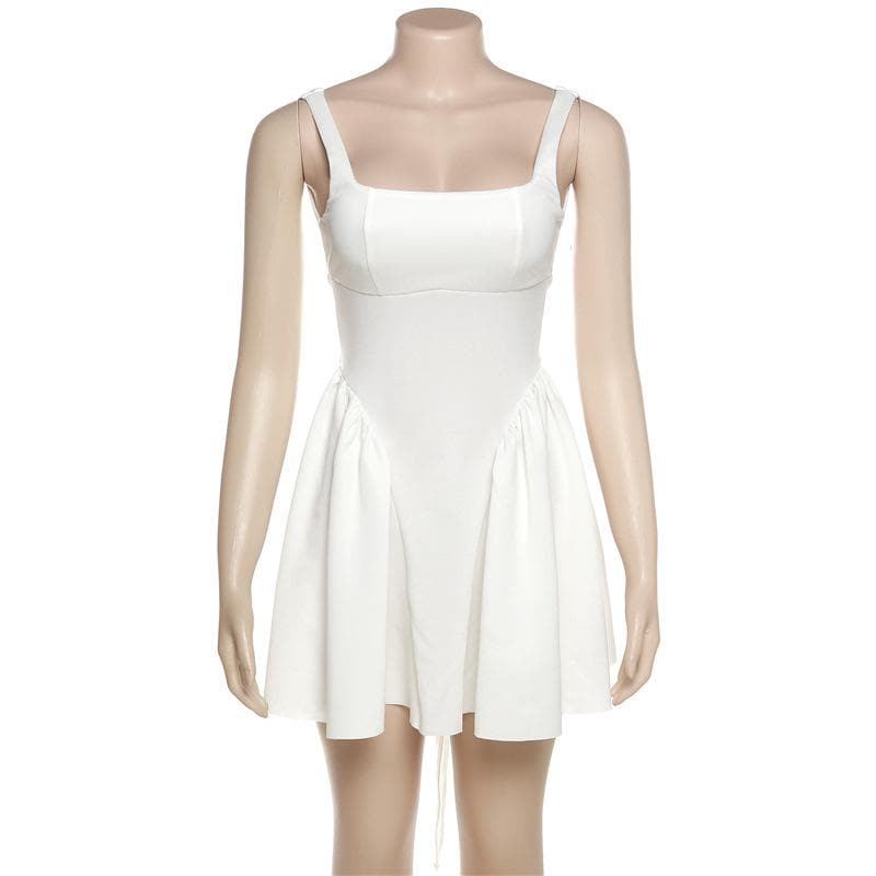 Chic White Square Neck Mini Dress - Ruched Side Tie & Backless Detail - Fall Party Ready