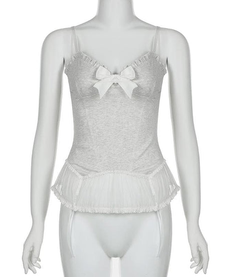 Chic Coquette Bow Corset Cami Top - Ruffled Lace Hem Tank for Fall Style