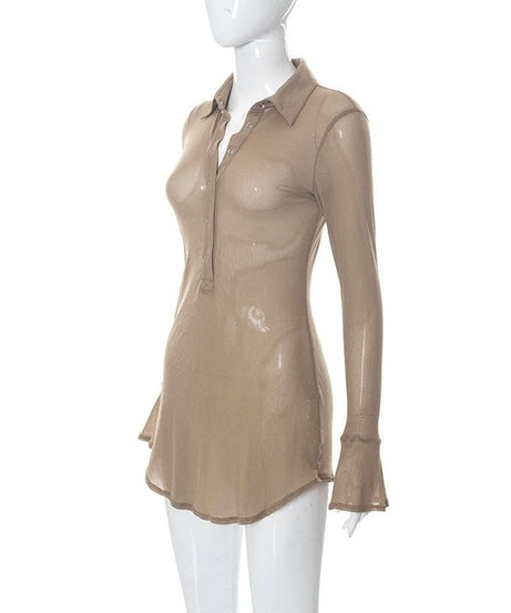 Sultry Sheer Mesh Button-Up Mini Dress - Daring Fall & Halloween Party Statement