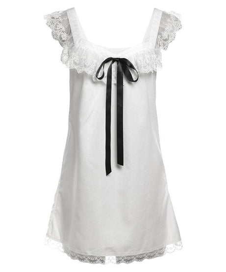 Dreamy White Satin & Lace Babydoll Chemise with Black Ribbon Bow – Elegant Fall Loungewear & Holiday Gift