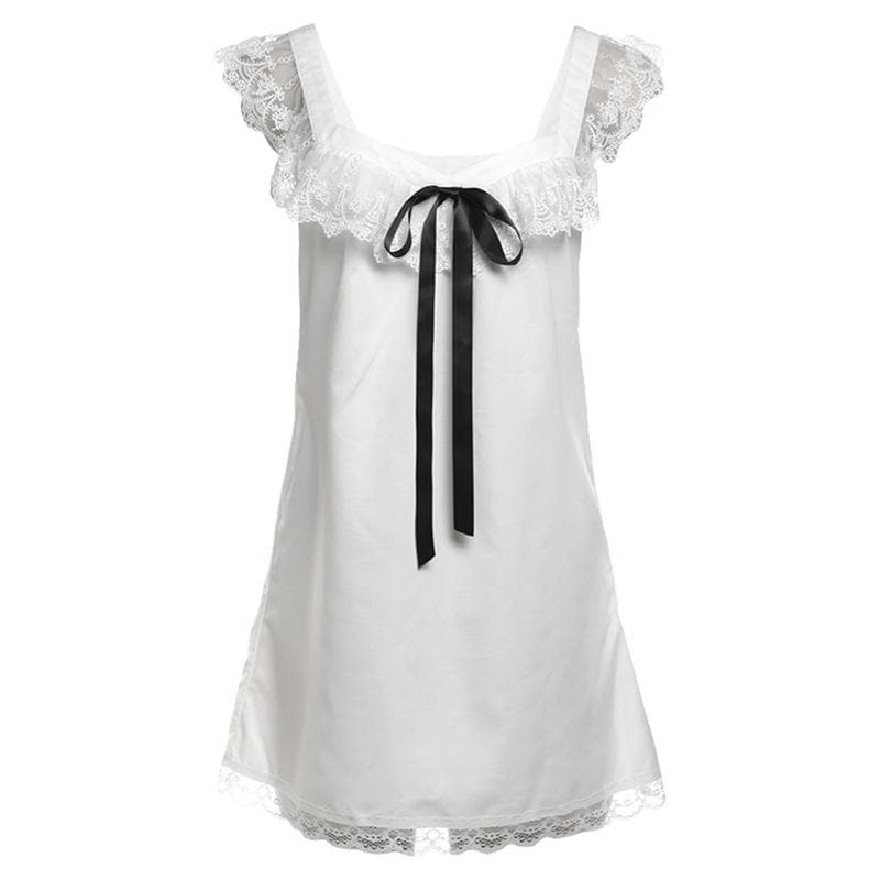 Dreamy White Satin & Lace Babydoll Chemise with Black Ribbon Bow – Elegant Fall Loungewear & Holiday Gift