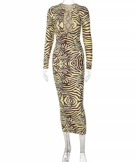 Daring Fall Zebra Print Lace-Up Bodycon Midi Dress - Long Sleeve Statement Style