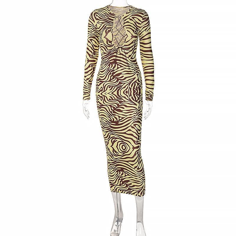 Daring Fall Zebra Print Lace-Up Bodycon Midi Dress - Long Sleeve Statement Style