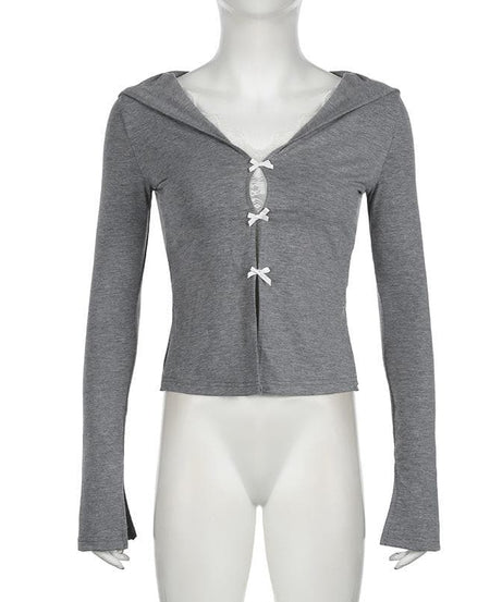 Fall Coquette Bow-Front Hooded Crop Top - Y2K Lace-Trim Long Sleeve for Women