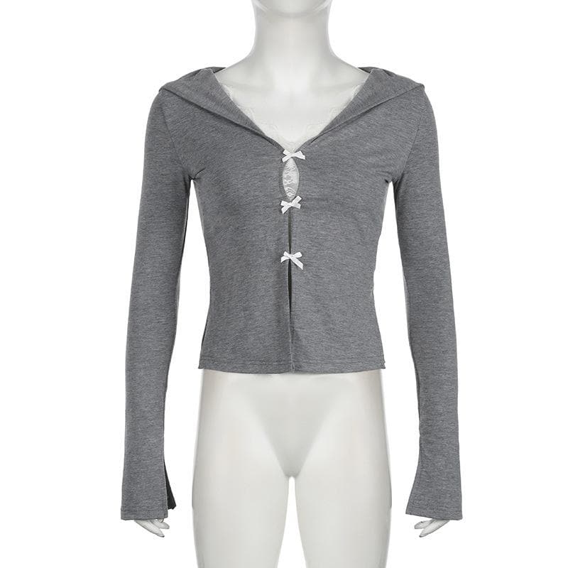 Fall Coquette Bow-Front Hooded Crop Top - Y2K Lace-Trim Long Sleeve for Women