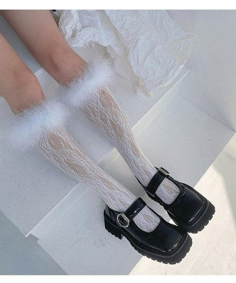 Spooky Chic Feather Trim Lace Knee-High Socks - Fall & Halloween Essential