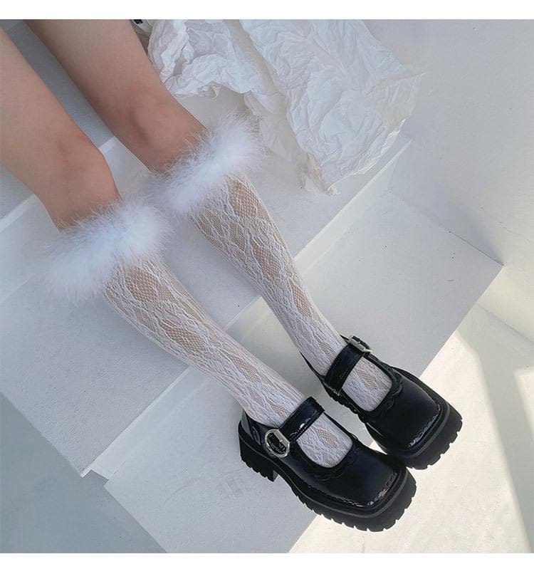 Spooky Chic Feather Trim Lace Knee-High Socks - Fall & Halloween Essential