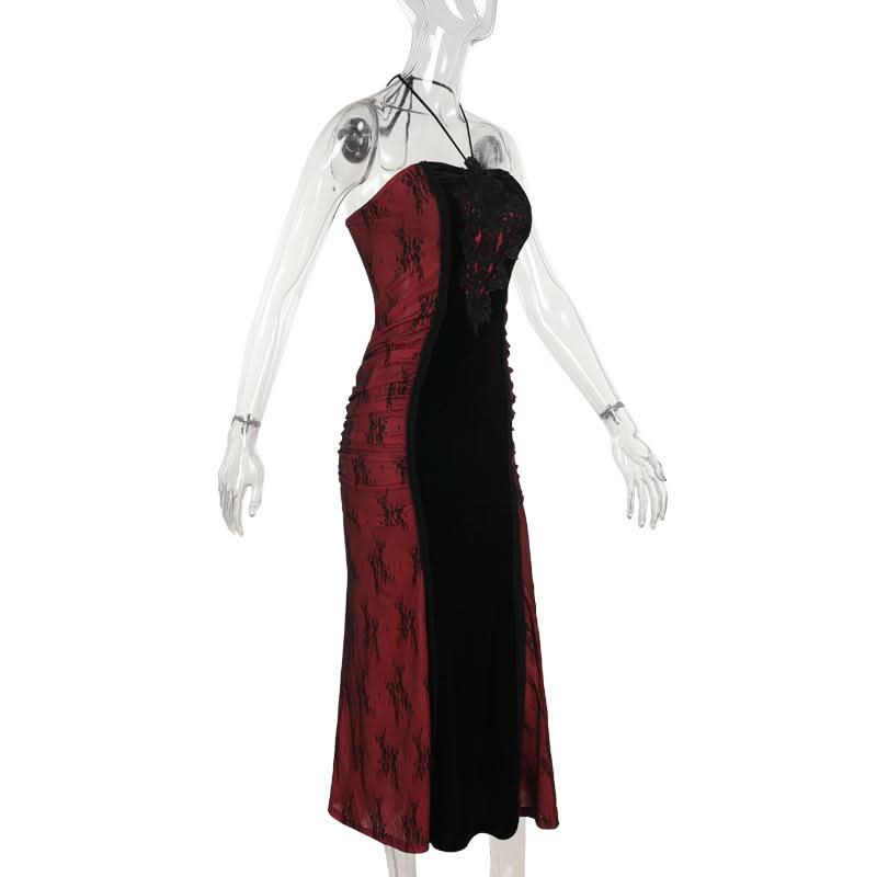 Sultry Enchantress: Velvet & Crimson Embroidered Halter Maxi Dress for Fall & Holiday Soirées