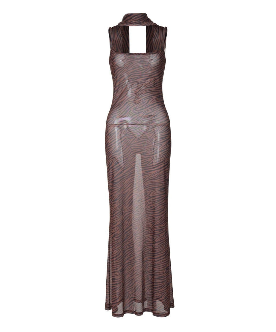Fall/Holiday Glam: Daring Zebra Print Sheer Mesh Maxi Dress with Choker Detail