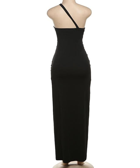 Slay the Season: Black One-Shoulder Ruched Bodycon Maxi Dress with Metallic Accents - Fall & Holiday Ready