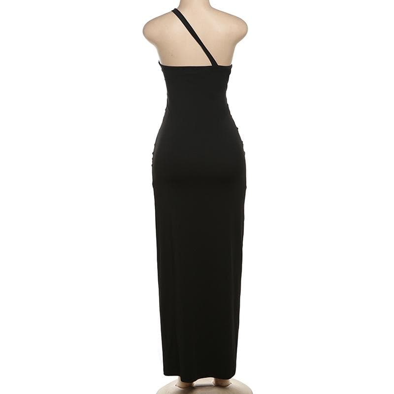 Slay the Season: Black One-Shoulder Ruched Bodycon Maxi Dress with Metallic Accents - Fall & Holiday Ready